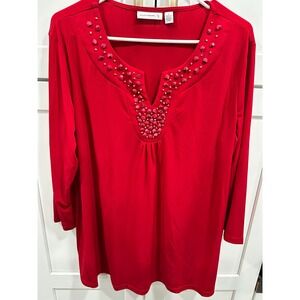 Susan Graver Women's Red V-Neck Embellished 3/4 Sleeve Tunic Top Plus‎ Size L